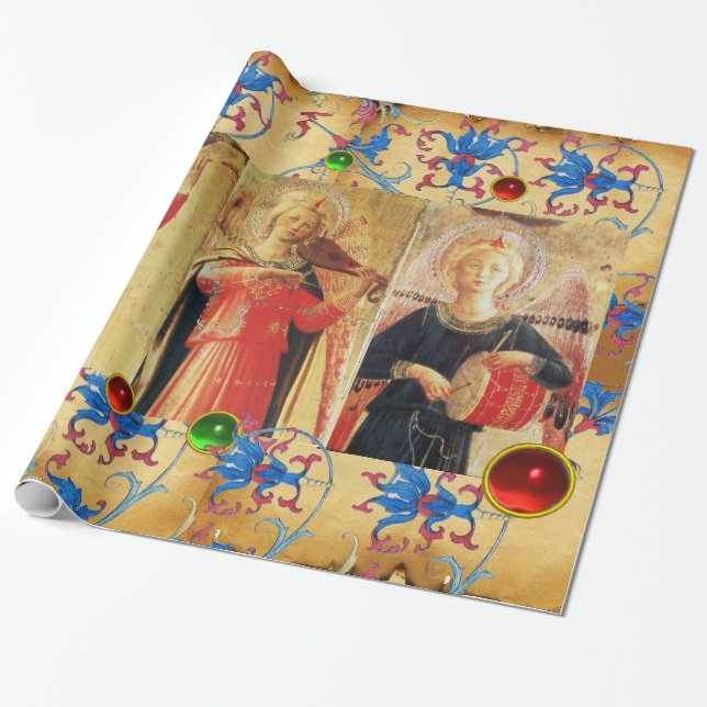 MUSICAL ANGELS PARCHMENT,RED BLUE FLOWERS,GEMS WRAPPING PAPER (Unrolled)