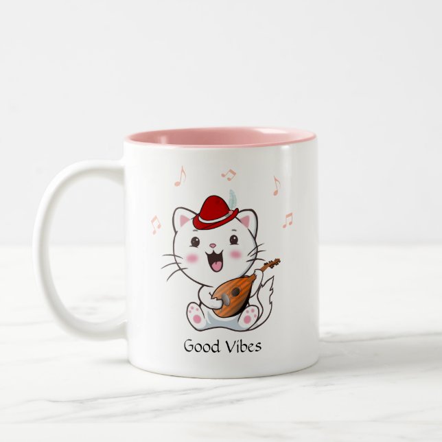 Musical Bard Kitty Cat with Mandolin Two-Tone Coffee Mug (Left)