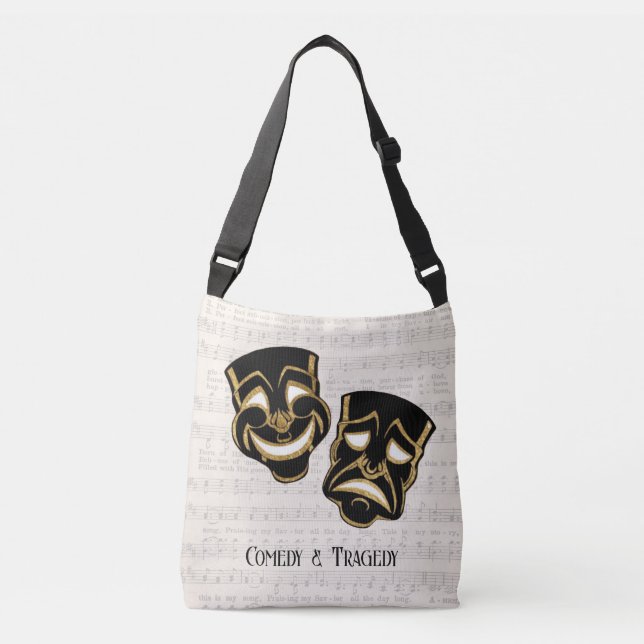 Musical Black & Gold Comedy and Tragedy Crossbody Bag (Front)