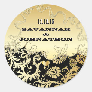 Musical Black & Gold Vintage Damask Weddings Classic Round Sticker