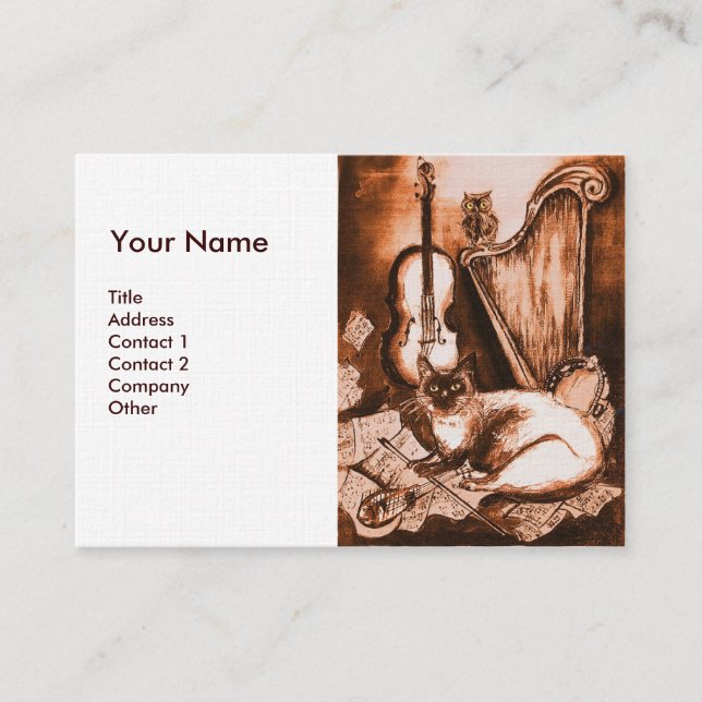 MUSICAL CAT AND OWL, Brown and White Linen Business Card (Front)