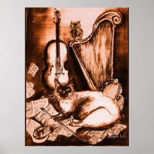 MUSICAL CAT AND OWL ,Brown and White Poster