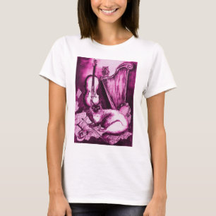 MUSICAL CAT AND OWL  Pink Fuchsia Purple White T-Shirt