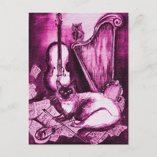 MUSICAL CAT AND OWL ,Pink Violet and White Postcard (Front)