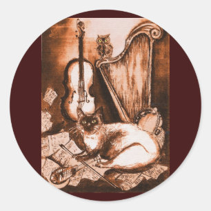MUSICAL CAT ,Brown and White Classic Round Sticker