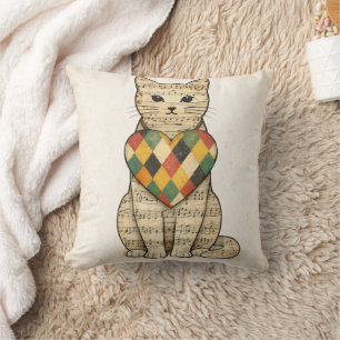 Musical Cat Collage with Harlequin Heart Cushion