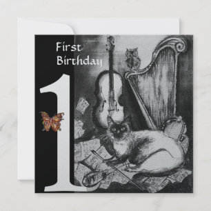 MUSICAL CAT First Birthday Party Black Silver Invitation