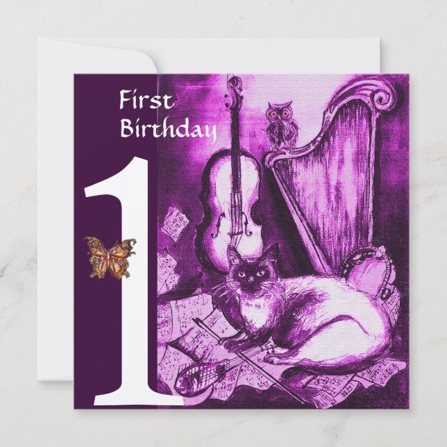 MUSICAL CAT First Birthday Party Purple Silver Invitation (Front)