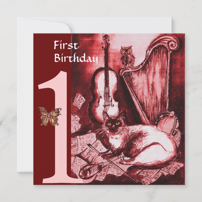 MUSICAL CAT First Birthday Party, Red Champagne Invitation (Front)
