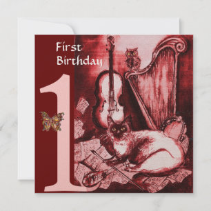 MUSICAL CAT First Birthday Party, Red Gold Invitation