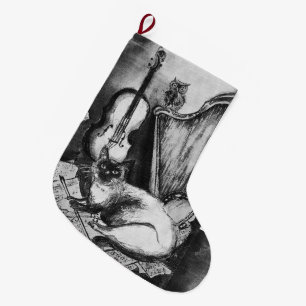 MUSICAL CAT,OWL VIOLIN AND HARP,BLACK WHITE MUSIC LARGE CHRISTMAS STOCKING