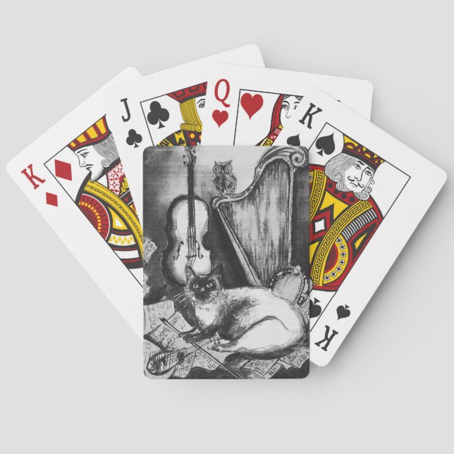 MUSICAL CAT,OWL,VIOLIN AND HARP Black White Music  Playing Cards (Back)