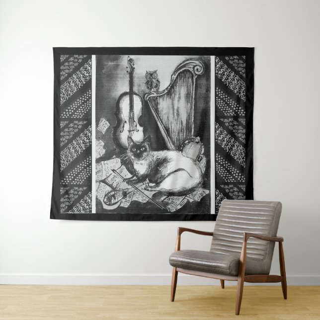 MUSICAL CAT,OWL,VIOLIN AND HARP Black White Music Tapestry (In Situ (Horizontal))