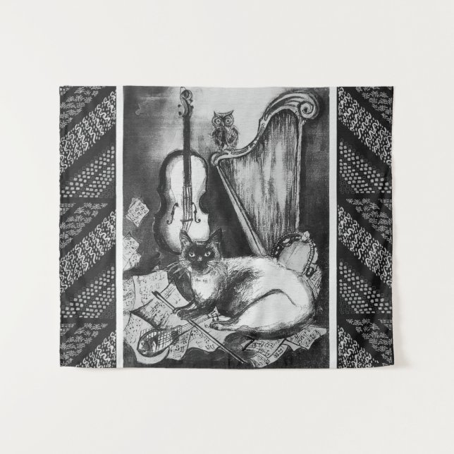 MUSICAL CAT,OWL,VIOLIN AND HARP Black White Music Tapestry (Front (Horizontal))