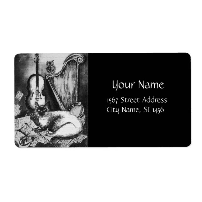 MUSICAL CAT,OWL,VIOLIN,HARP Black White Grey Music (Front)