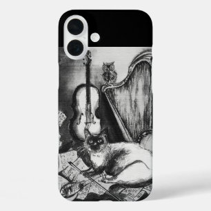 MUSICAL CAT,OWL,VIOLIN,HARP Black White Grey Music iPhone 16 Plus Case