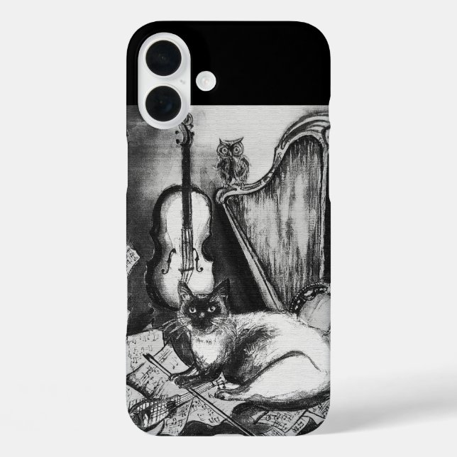 MUSICAL CAT,OWL,VIOLIN,HARP Black White Grey Music Case-Mate iPhone Case (Back)