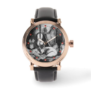 MUSICAL CAT,OWL,VIOLIN,HARP Black White Red Music Watch