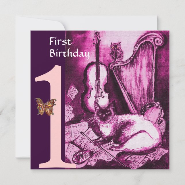 MUSICAL CAT Pink Fuchsia  First Birthday Party Invitation (Front)