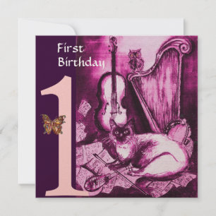 MUSICAL CAT Pink Fuchsia First Birthday Party Invitation