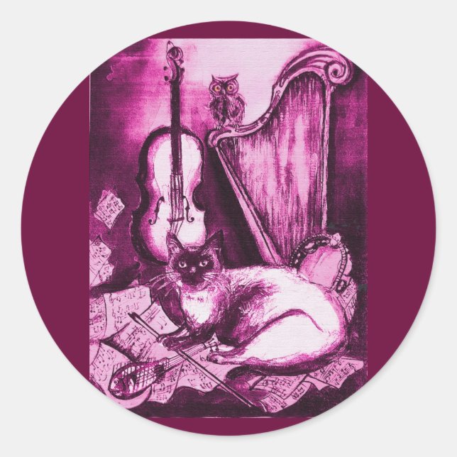 MUSICAL CAT , Pink Fuchsia Purple  and White Classic Round Sticker (Front)