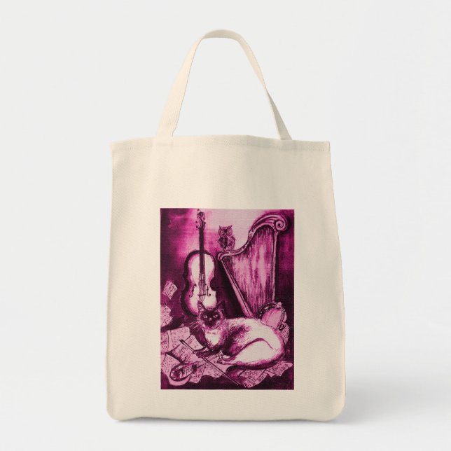 MUSICAL CAT , Pink Fuchsia Purple  and White Tote Bag (Front)