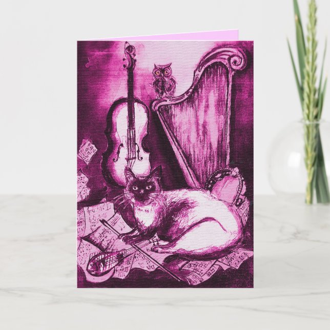 MUSICAL CAT ,Pink Fuchsia White Holiday Card (Front)