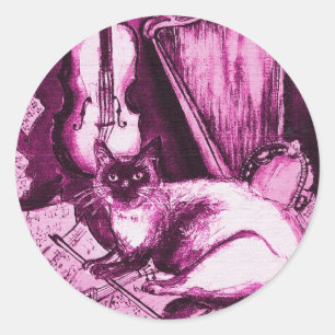 MUSICAL CAT ,Pink Purple Fuchsia and White Classic Round Sticker