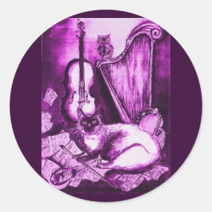 MUSICAL CAT ,Pink Purple Violet and White Classic Round Sticker