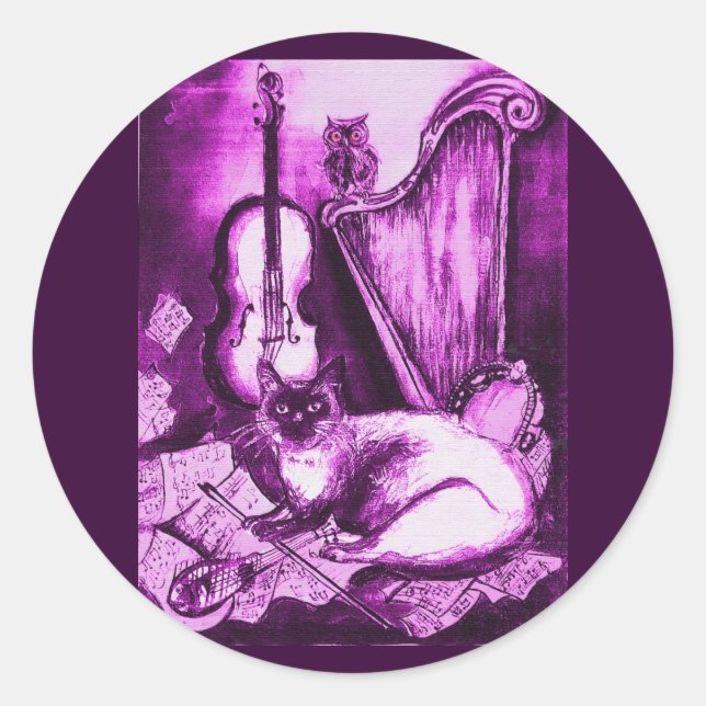 MUSICAL CAT ,Pink Purple Violet and White Classic Round Sticker (Front)