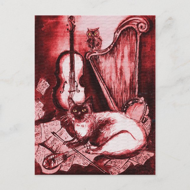 MUSICAL CAT ,Red and White Postcard (Front)