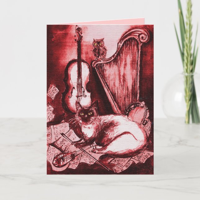 MUSICAL CAT ,Red Pink and White Holiday Card (Front)