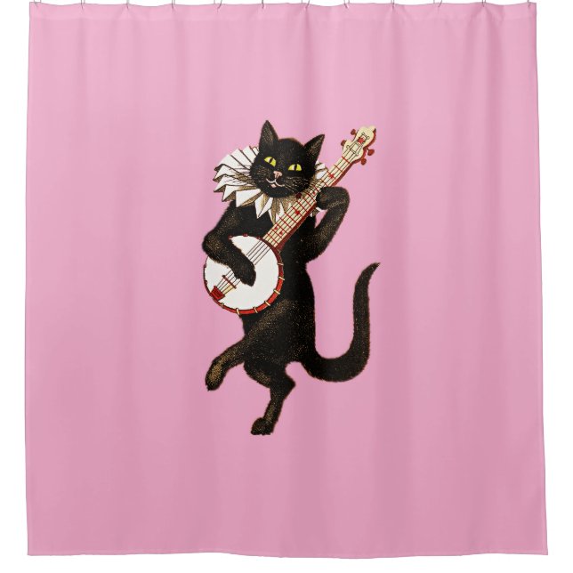 Musical Cat Strumming Banjo Shower Curtain (Front)