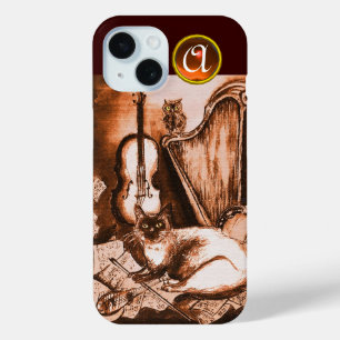 MUSICAL CAT WITH OWL IN BROWN SEPIA  GEM MONOGRAM iPhone 15 CASE