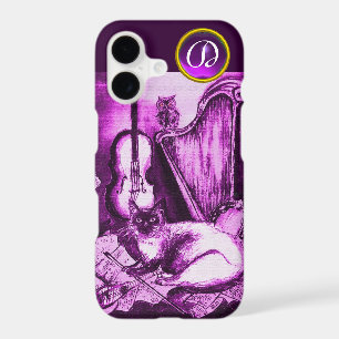 MUSICAL CAT WITH OWL IN PINK PURPLE GEM MONOGRAM