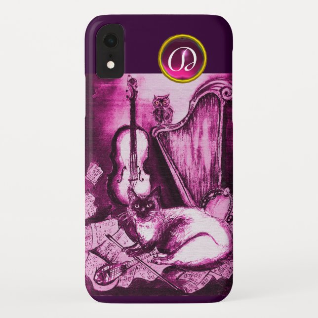 MUSICAL CAT WITH OWL IN PINK PURPLE GEM MONOGRAM Case-Mate iPhone CASE (Back)