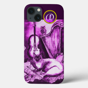 MUSICAL CAT WITH OWL IN PINK PURPLE GEM MONOGRAM iPhone 13 CASE