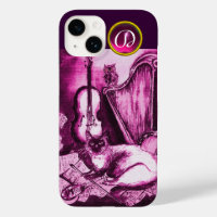 MUSICAL CAT WITH OWL IN PINK PURPLE GEM MONOGRAM