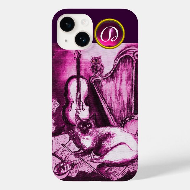 MUSICAL CAT WITH OWL IN PINK PURPLE GEM MONOGRAM Case-Mate iPhone CASE (Back)