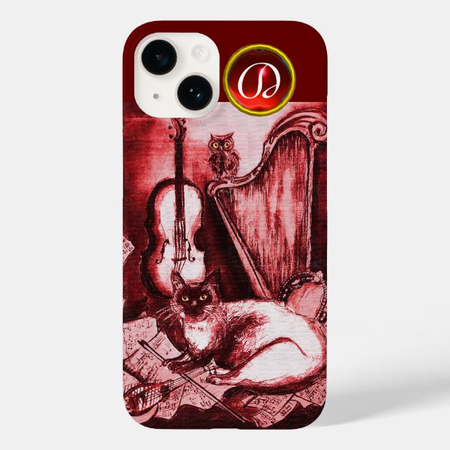 MUSICAL CAT WITH OWL IN RED RUBY GEM MONOGRAM Case-Mate iPhone CASE (Back)