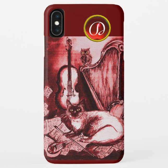 MUSICAL CAT WITH OWL IN RED RUBY GEM MONOGRAM Case-Mate iPhone CASE (Back)