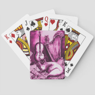 MUSICAL CAT WITH OWL Pink,Purple,Violet ,White Playing Cards