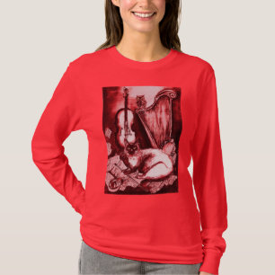 MUSICAL CAT WITH OWL ,Red ,White T-Shirt