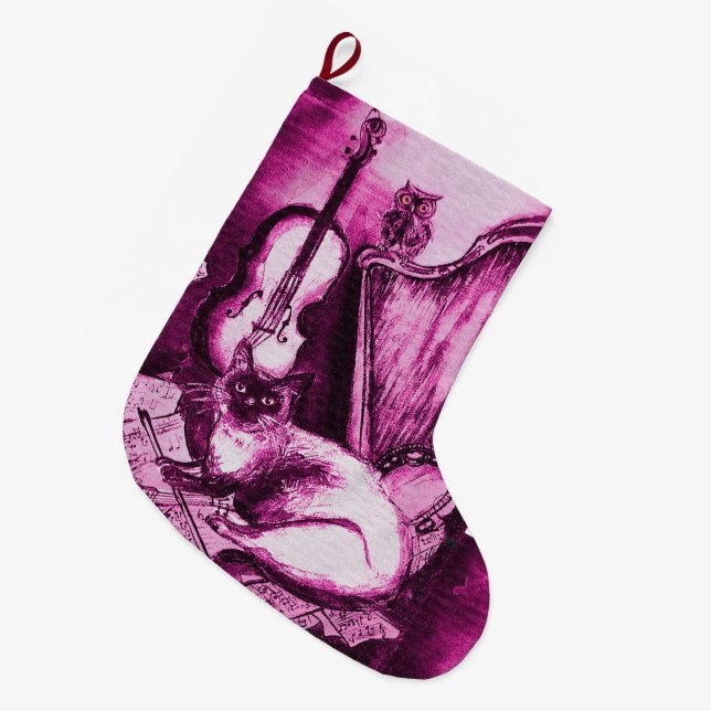 MUSICAL CAT WITH OWL VIOLIN AND HARP ,PINK PURPLE LARGE CHRISTMAS STOCKING (Front (Hanging))