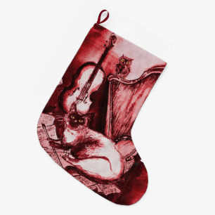 MUSICAL CAT WITH OWL VIOLIN AND HARP ,RED WHITE LARGE CHRISTMAS STOCKING