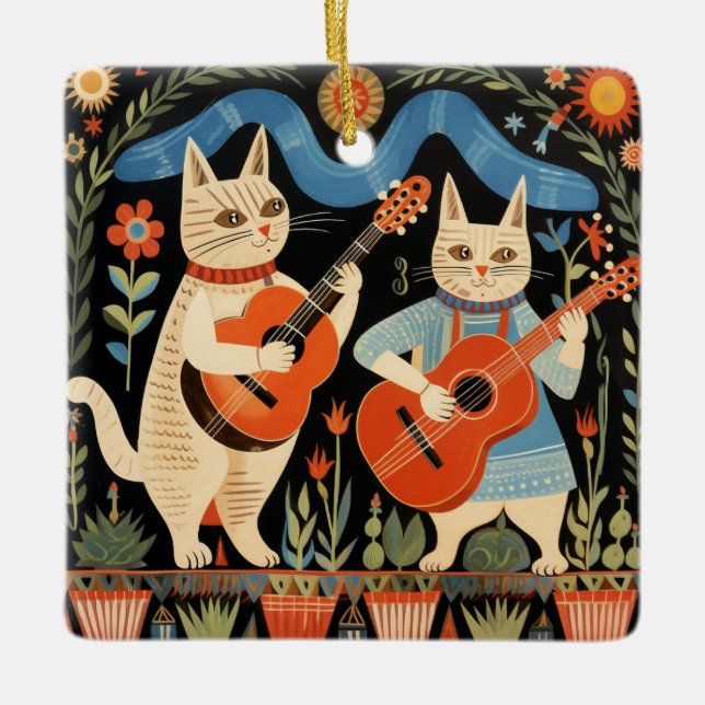 Musical Cats Folk Art Ceramic Ornament (Front)