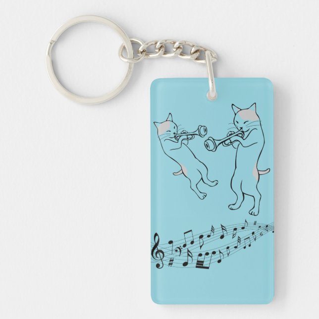 Musical Cats Playing Trombone Blue Keychain (Front)