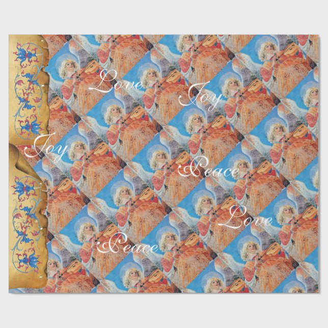 MUSICAL CHRISTMAS ANGEL ,JOY PEACE LOVE PARCHMENT WRAPPING PAPER (Flat)