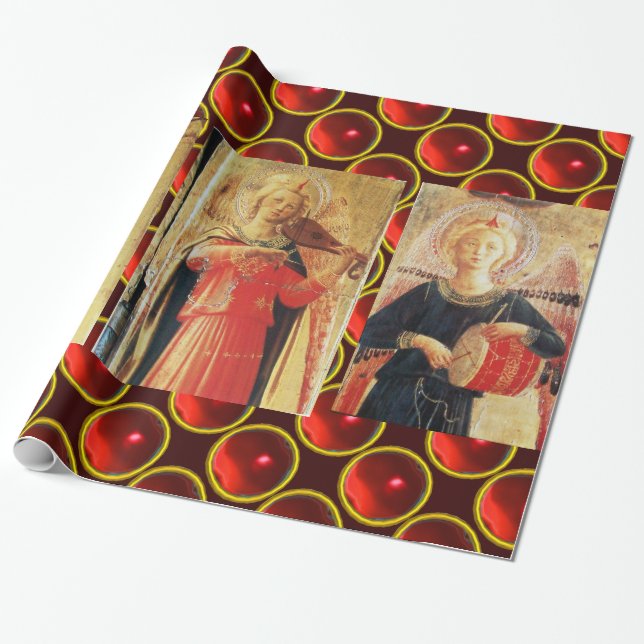 MUSICAL CHRISTMAS ANGELS /SHINY RED RUBY GEMSTONES WRAPPING PAPER (Unrolled)