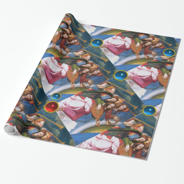 MUSICAL CHRISTMAS ANGELS WITH RED BLUE GEMSTONES WRAPPING PAPER (Unrolled)